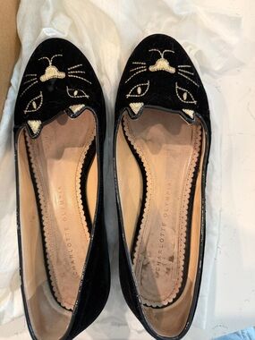 Charlotte Olympia Black Velvet Kitty Face Flats with Gold Embroidery
